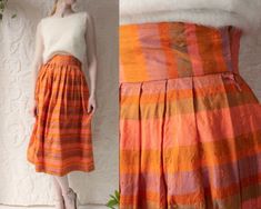 "Fluorescent orange & pink raw silk skirt with iridescent flashes of green, gold, red and blue stripes. 2.5\" wide waistband flatters the waist. Four hook and eye closures above an 8\" side zipper. In excellent condition. Fits approximately a modern size Extra Small  Measurements - Waist - 25\" Hips - Free Length - 31\" Marked Size - N/A Label - Marielle Material - raw silk" Orange Skirt Outfit, Fluorescent Orange, Pink Iridescent, Orange Skirt, Rose Orange, Wide Waist, Silk Skirt, Wide Waistband, Raw Silk