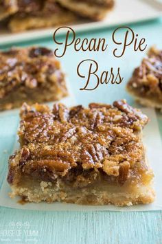 pecan pie bars are stacked on top of each other and ready to be eaten