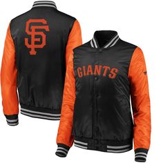 Women's San Francisco Giants Fanatics Branded Black/Orange Iconic Satin Jacket Orange Outerwear For Sports In Fall, Urban Outerwear For Game Day In Fall, Urban Style Outerwear For Game Day In Fall, San Francisco Giants Baseball, Thermal Jacket, Satin Jacket, Sf Giants, Satin Jackets, Oakland Raiders