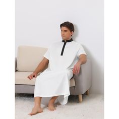 These short-sleeved nightshirts have a front button design for easy wear and comfort. Different from ordinary solid-color nightgowns, it has a contrasting neckline design. Men's band collar nightshirts offer a comfortable and stylish option for sleepwear. They can be paired with a cozy blanket or throw for added comfort during relaxed time. White Relaxed Fit Short Sleeve Nightgown, White Short Sleeve Relaxed Fit Nightgown, Casual Short Sleeve Home Nightgown, Casual Short Sleeve Nightgown For Home, Casual White Sleepwear For Hospital, White Short Sleeve Nightgown For Loungewear, White Short Sleeve Nightgown For Sleep, White Short Sleeve Nightgown For Bedtime, White Short Sleeve Nightgown