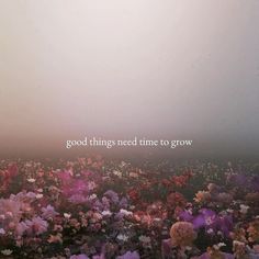 a field full of flowers with the words good things need time to grow on it