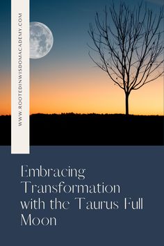 the cover of embracing transformation with the taurus full moon, featuring a lone tree