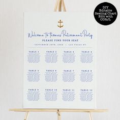 a blue and white wedding seating chart with an anchor on the front, sitting on a easel