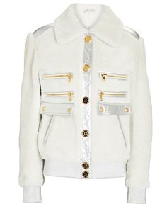 Gender: Female Luxury Fur Coat With Padded Collar, Luxury White Outerwear With Faux Fur Lining, White Shearling Outerwear With Faux Fur Trim, Luxury Shearling Outerwear With Pockets, Luxury Winter White Outerwear With Faux Fur Trim, Luxury White Sheepskin Fur Coat, White Luxury Sheepskin Fur Coat, Winter White Shearling Outerwear, White Shearling Outerwear For Winter