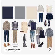 an assortment of clothing and shoes arranged on a white background, including jeans, sweaters, shirt, jacket, slippers