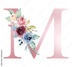 the letter m is decorated with flowers and leaves