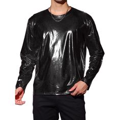 Featuring a metallic texture, this long-sleeve T-shirt makes you eye-catching in the crowd. Made of stretch fabric, it ensures more flexibility when you are moving. Hand Wash Only. You can pair the shining T-shirt with a jacket, jeans, or punk pants for a stylish look. Brilliant bright under the light. Suitable for parties, clubs, discos, festivals, carnivals, nights out, proms, and daily casual wear. Sparkle T-shirts enhance your charm and give you a street-trend look. Long Sleeve T-shirt For Fall Party, Metallic Long Sleeve Tops For Fall, Casual Long Sleeve Metallic Top, Punk Pants, Metallic Texture, Street Trends, Men In Uniform, The Shining, Mens Crew Neck