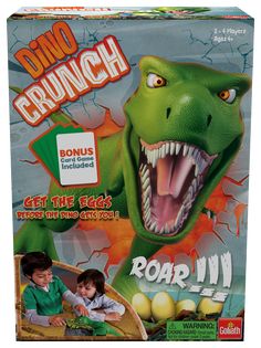 the box for dino crunch board game is open and showing an image of a dinosaur with its mouth wide open