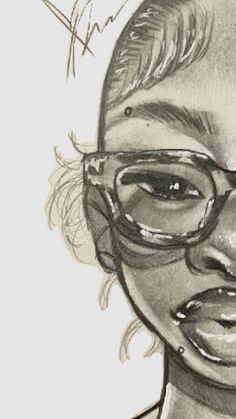 a black and white drawing of a woman with glasses