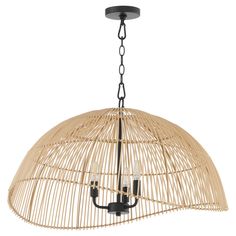 a bamboo light fixture hanging from the ceiling with an iron chain and black metal fittings