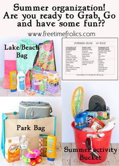 the contents of a beach bag are shown in this collage with text that reads summer organization are you ready to grab, go and have some fun?