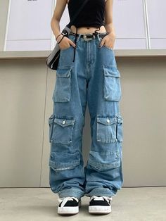 Lasaky - High-Waisted Long Pants with Multiple Pockets and Flared Leg Vintage Jeans Style, Celana Kargo, Festival Mode, Style Overalls, Denim Decor, Baggy Cargo Pants, High Street Fashion, Casual Wide Leg Pants, Cargo Pants Women