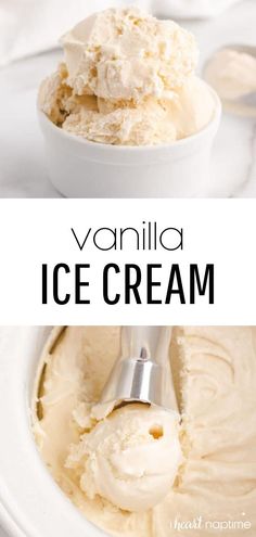 vanilla ice cream in a white bowl with a spoon on the side and text overlay that reads vanilla ice cream