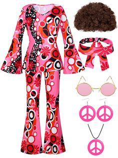 PRICES MAY VARY. Great combo package: you will receive 1 pack of hippie top, 1 pair of flared pants, 1 piece of headband, 1 peace of peace sign necklace, 1 pair of peace sign earrings, 1 pair of pink glasses and 1 piece of brown wig, in a total of 7 packs, retro and chic, suitable for most occasions Premium material: the hippie printed top and flared bottoms are made of polyester and spandex, soft, comfortable and stretchy, highly accommodating to the figure, making the legs look longer and slen 60s Halloween Costume, Easy Couples Costumes, Hippie Costume Halloween, Peace Sign Earrings, John Mcenroe, Pink Glasses, Peace Sign Necklace, Hippie Top