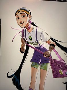 a drawing of a girl with long black hair holding a purple purse and wearing shorts