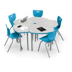 a round table with blue chairs around it and a laptop computer on the other side