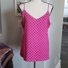 Pink With Black Polka Dots Camisole. Adjustable Straps And Lined. Gorgeous! Pink Sleeveless Blouse Camisole For Spring, Chic Pink Tank Top, Pink Sleeveless Tank Top For Night Out, Chic Pink Tank Top Vest, Pink Camisole With Spaghetti Straps For Day Out, Chic Pink Tank Top For Day Out, Trendy Pink Camisole For Day Out, Pink Spaghetti Strap Camisole For Day Out, Trendy Pink V-neck Camisole