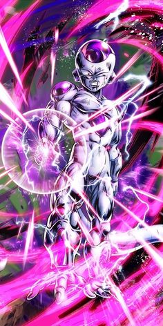 an anime character with pink and purple lights on his body, standing in front of a background