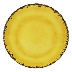 a yellow plate with black speckles on the rim is shown against a white background