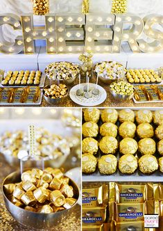 gold desserts and sweets are displayed on the table