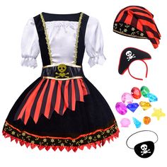 PRICES MAY VARY. Choose the correct size:Our pirate princess dress is made of high quality polyester. This printed pirate dress comes in Four sizes. XS (suggest height: 39.4"-43.3") S (suggest height:43.3"-47.2") M (suggest height: 47.2"-51"). L(suggest height:51"-54") Our size chart image provides detailed measurement data for this skirt. Please choose the size that suits you based on the measurement data Priate accessories for girls dress up including pirate hairband,pirate bandanas,pirate eye Hermione Halloween Costume, Girl Pirate Costume, Girls Pirate Costume, Pink Princess Costume, Pirate Dress Up, Pirate Girl Costume, Costume Pirate, Pirate Bandana, Pirate Dress