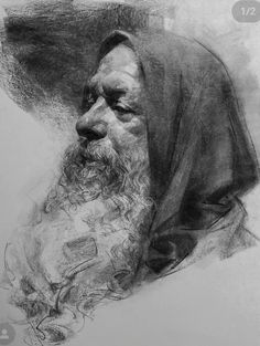 a black and white drawing of an old man with a long beard wearing a headscarf