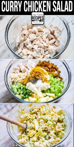 three bowls filled with different types of food and the words curry chicken salad above them