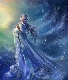 a painting of a woman with long white hair and blue dress standing in the snow