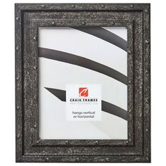 a black and white striped frame with a sticker on the bottom that says,