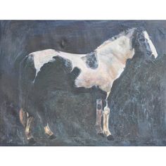 a painting of a white and black horse standing in front of a dark background,