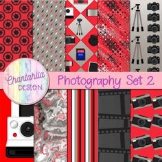 a set of photographshopped with red and black patterns, including camera, tripod,