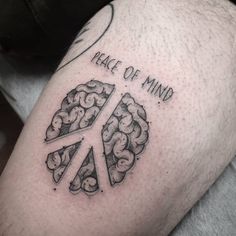 a man's leg with a piece of pizza on it and the words peace of mind