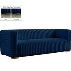 an image of a blue velvet couch with gold trimmings and two different angles