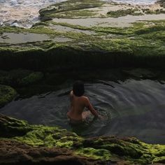 a person in the water surrounded by green algae