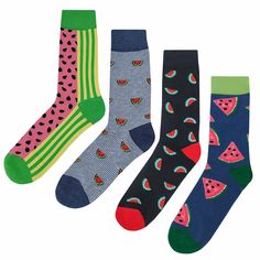 These 4 watermelon pattern socks will have you ready for a picnic. Best worn on your feet and do not consume. 4 Pack Bundle - Free Shipping Included Main colors: Multicolor Our Sock Construction + Materials ·        80% Combed Cotton ·        17% Nylon ·        3% Spandex + Size (Our socks fit both men and women) Men's shoe size 8-12, women's shoe size 9-13. Anywhere in that range, your feet will be a perfect match. + Wide No-Slip Cuff Band Ensures the socks stay put under tough circumstances. + Casual Multicolor Socks For Summer, Comfortable Red Socks For Summer, Casual Multicolor Summer Socks, Green Summer Socks, Fun Pink Socks For Summer, Green Cotton Summer Socks, Fun Multicolor Summer Socks, Watermelon Dress, Watermelon Pattern