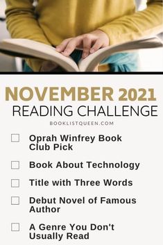 a person reading a book with the title november 2021 reading challenge on it and an image of