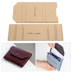 an open wallet sitting on top of a table next to other pictures and instructions for making it