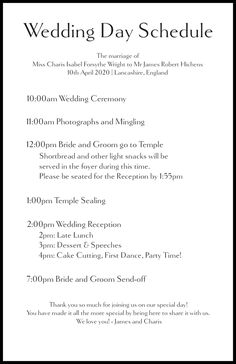 the wedding day schedule is shown in black and white