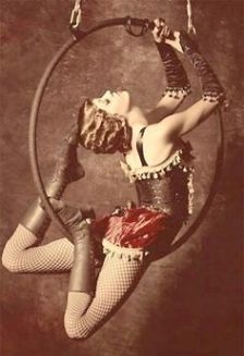 a woman in fishnet stockings and heels is suspended on a hoop