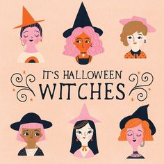 it's halloween witches with different faces and hats on pink background, illustration for children's book