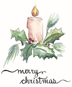 a watercolor christmas candle with holly and berries