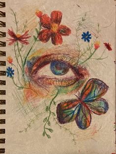 a drawing of an eye with flowers and butterflies on the page in front of it