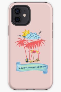 a pink phone case with an image of palm trees and beach chairs on the beach