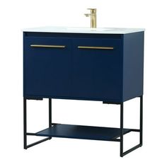 an image of a bathroom vanity with blue cabinet and white counter top on black metal legs