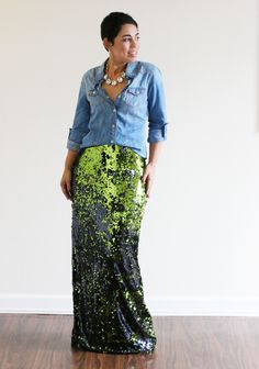 Mimi G Style: DIY Sequin Maxi Video Tutorial!!! Outfits With Silver Skirt, Sequin Shoes Outfit, Green Sequin Skirt Outfit, Sequin Skirt Diy, Diy Sequin Skirt, Sequin Maxi Skirt Outfit, Green Sequin Skirt, Sequin Skirt Outfit, Diy Sequin