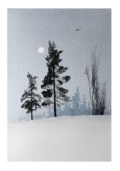 a painting of trees in the snow with a bird flying over them and an image of a full moon