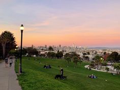 people are sitting on the grass in a park with a cityscape in the background