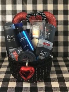 a basket filled with personal care items on top of a checkered table cloth