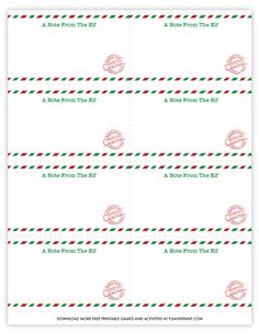 two envelopes with red, green and white stripes on the bottom one has an image of