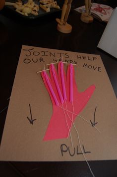 a hand made out of paper with pink sticks sticking out of it and the words john's help our arm move pull